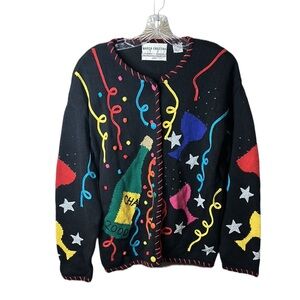 Marisa Christina Large Vintage Y2K Cardigan Black Festive Sweater